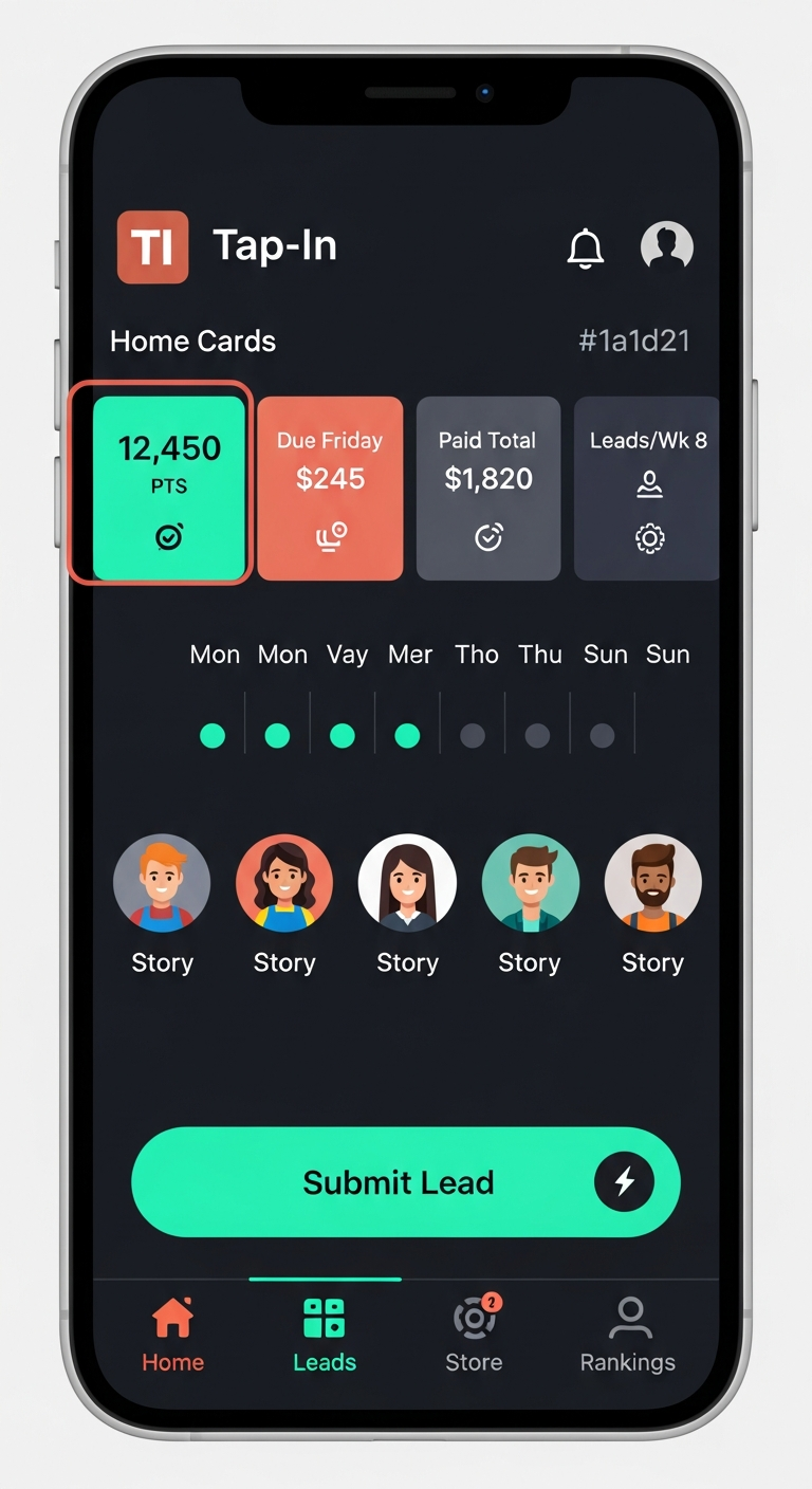 Tap-In dashboard with points balance, weekly calendar, and submit-lead CTA